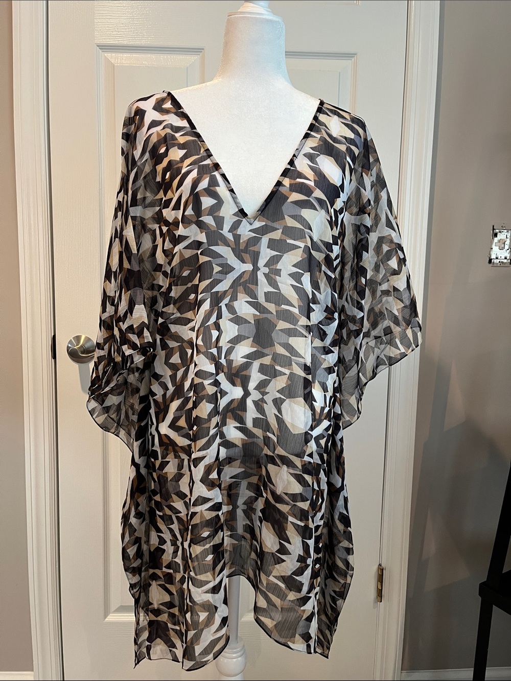 Sheer V-Neck Tunic Top in Black and White